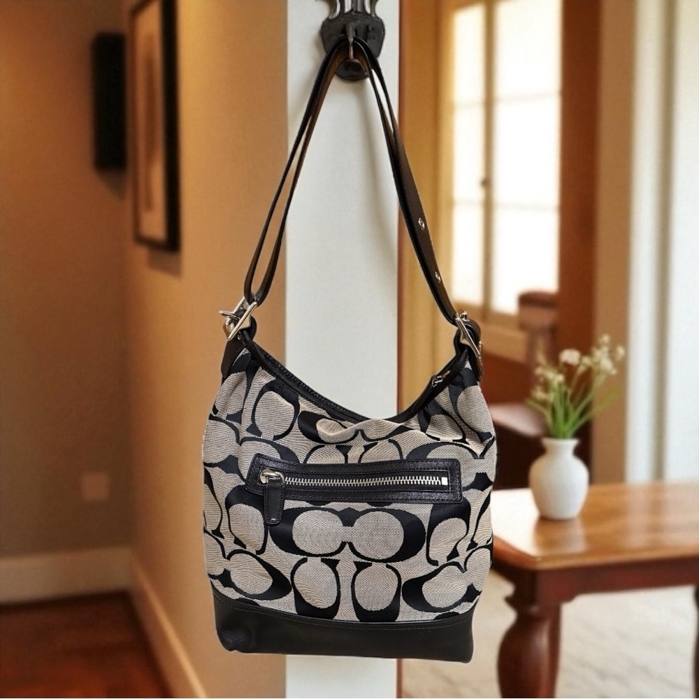 Coach Black and Cream Signature Canvas Hobo Bag